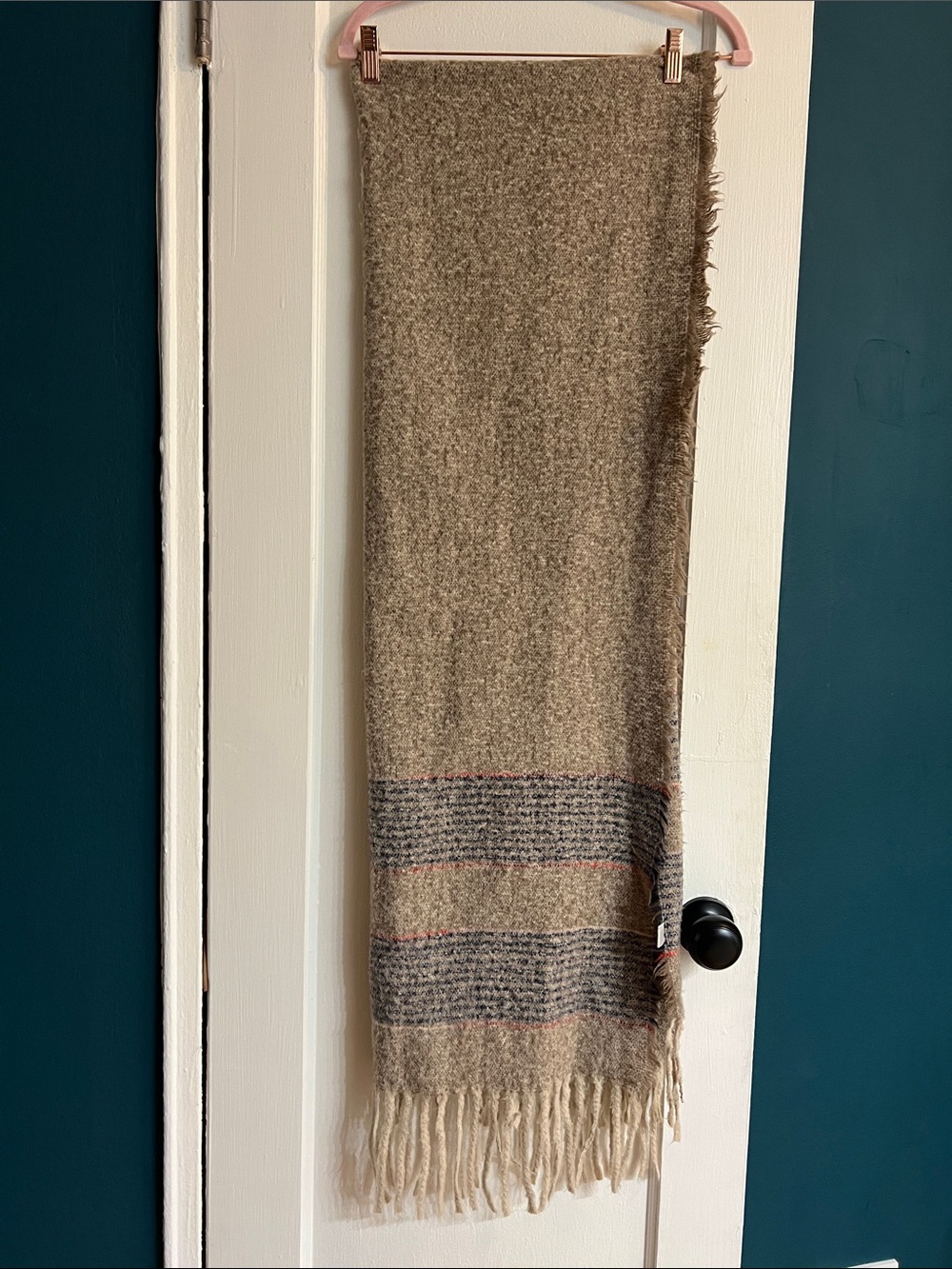 Neutral Brown Fringe Wool Blend Scarf